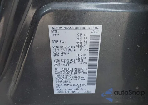 2014 Nissan Pathfinder Sl z USA, uszkodzony, nr VIN 5N1AR2MMXEC610850